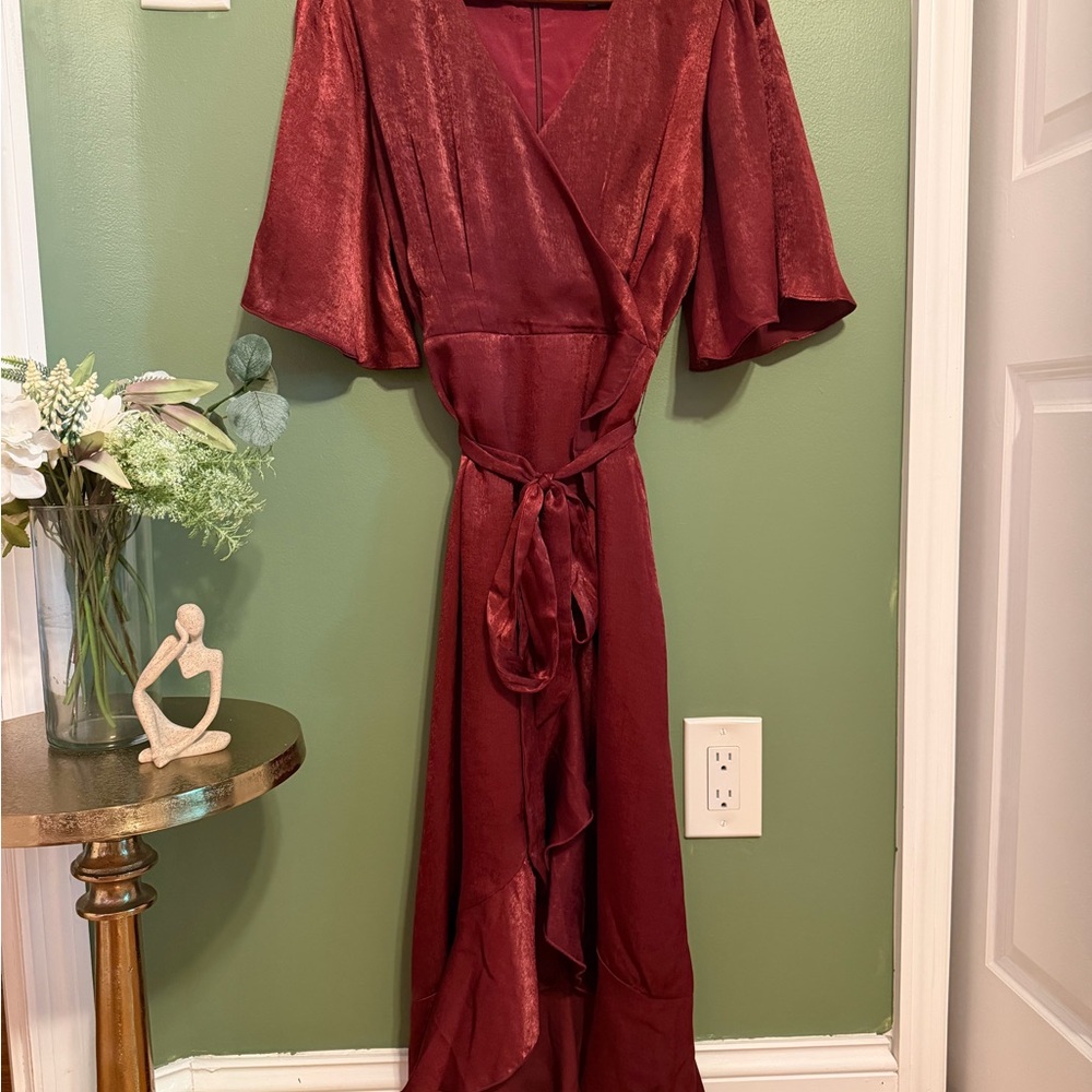Lulus Wine Red Satin Wrap-Style Maxi Dress S
